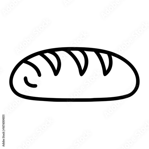 Illustration of a loaf of bread with crusty top and rounded ends in a simple outline style design element