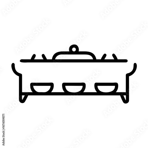 Illustration of a chafing dish with three semicircular containers and a lid with a knob on top design
