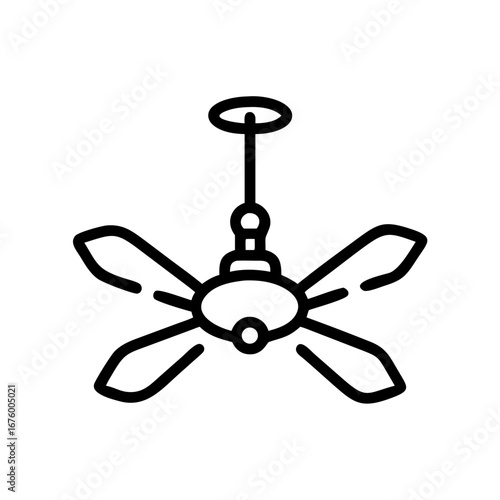 Illustration of a ceiling fan with five blades and a light fixture in a simple line art style