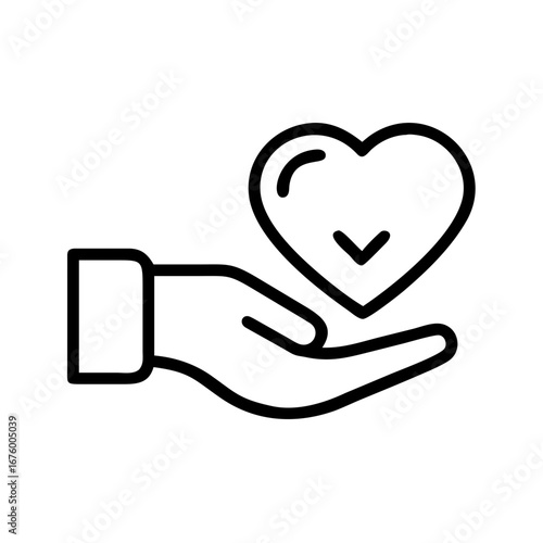 Hand holding a heart with a checkmark inside in a simple black and white line drawing illustration style