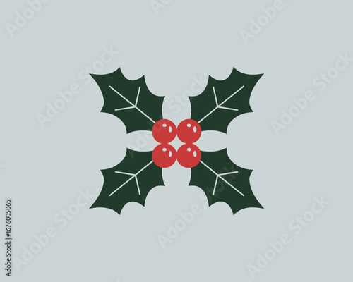Vector art of a stylized illustration of a sprig of holly with four dark green leaves and four bright red berries against a light blue background