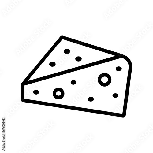 A simple line drawing of a triangular piece of cheese with holes on a plain white background view