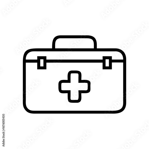 Outline drawing of a medical kit with a handle and a cross in the center on white background vector design