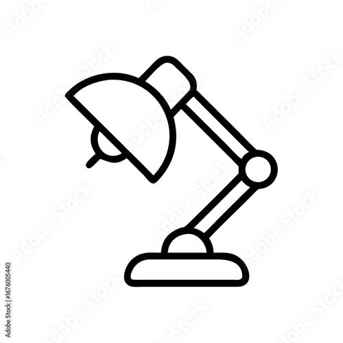 Illustration of a black outline desk lamp with adjustable arm and a base on a white background