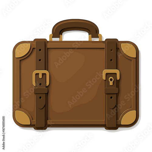 Vintage suitcase icon in brown tones with 3d effect, leather straps, and buckle details