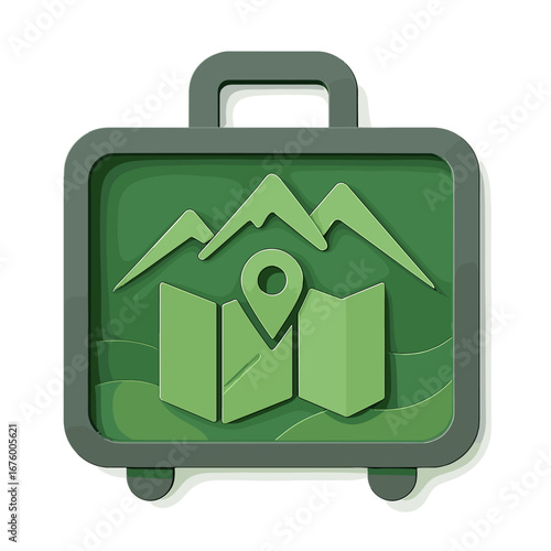 Travel icon with map and mountain elements in modern 3d design