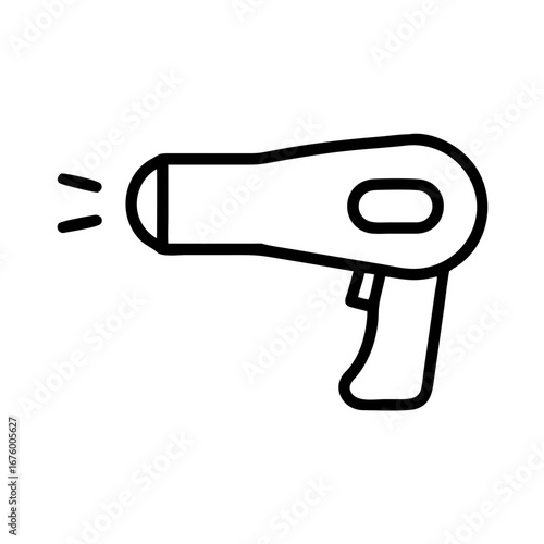 Illustration of a simple hair dryer with a handle and nozzle emitting air in a minimalist style