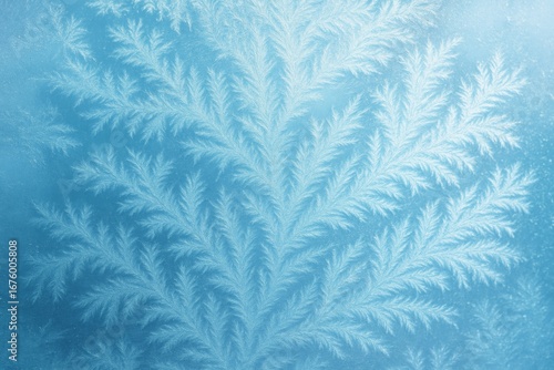 Frosty ice pattern resembling fern leaves on blue frozen surface in winter light, natural texture background concept, creative nature detail. Ai generative