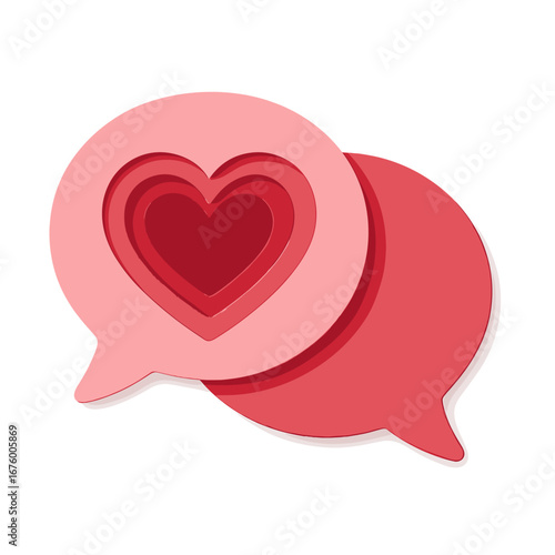 Layered heart design in pink speech bubbles on gradient background