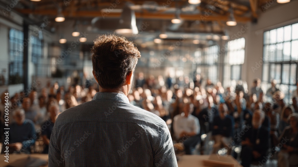 Fototapeta premium A speaker presenting to a large audience in a modern conference setting, showcasing engagement and communication.