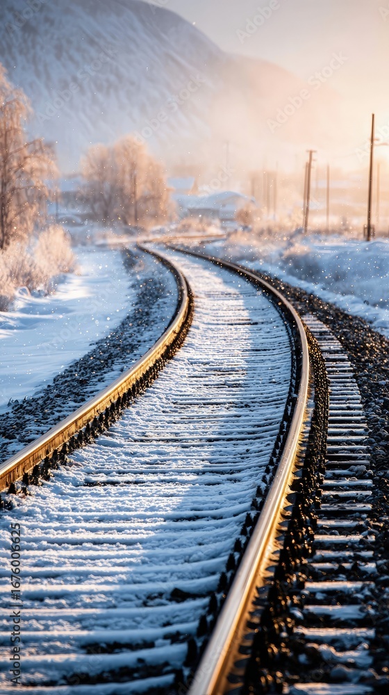Fototapeta premium Snowy Railroad Tracks At Sunrise