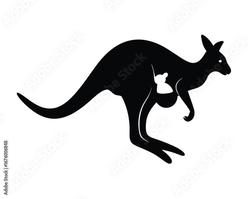 Silhouette of a kangaroo with a baby in its pouch leaping across the landscape