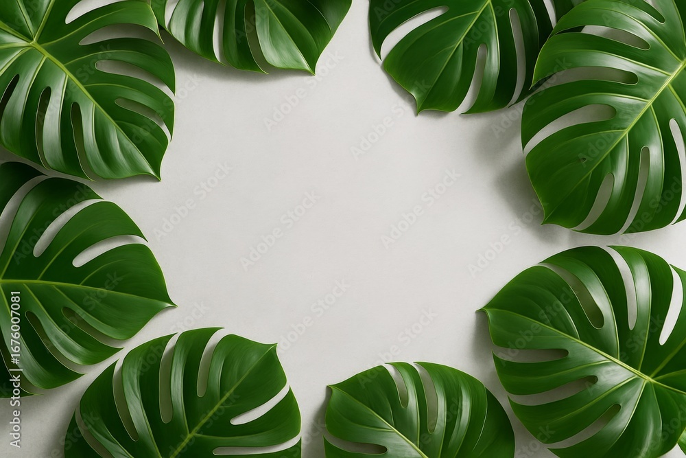 Fototapeta premium Tropical monstera leaves forming border frame around empty copyspace on light background, ideal for nature-inspired creative design concepts. Ai generative