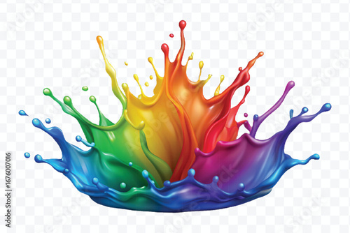 realistic 3d multi or rainbow color liquid paint splash isolated on transparent background