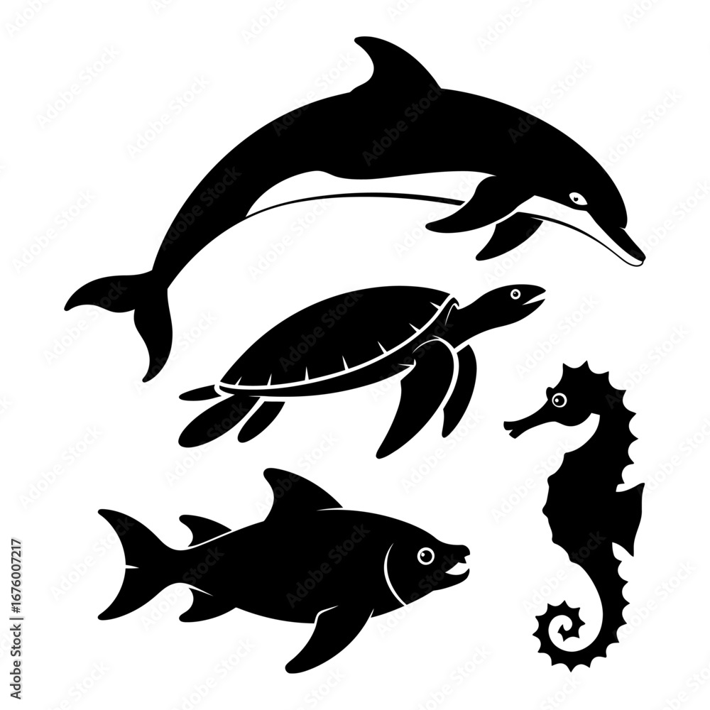 Fototapeta premium marine animals silhouette set featuring dolphin, turtle, seahorse, and fish for aquatic design