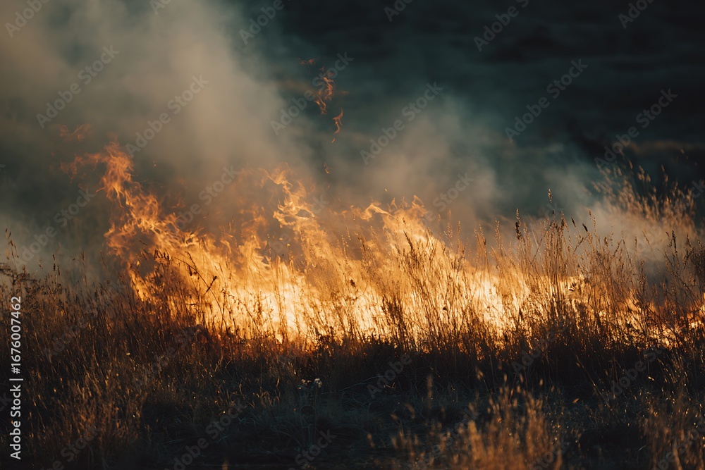 Fototapeta premium Burning dry grass field with flames and smoke at sunset