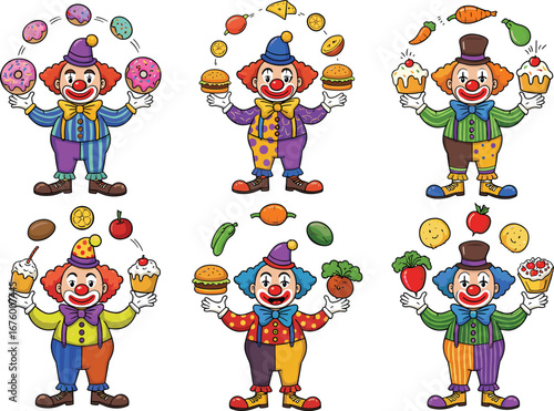 Colorful Cartoon Clown Juggling Different Foods, Funny Clown with Cupcakes, Burgers, Fruits, and Vegetables, Fun Celebration Illustration
