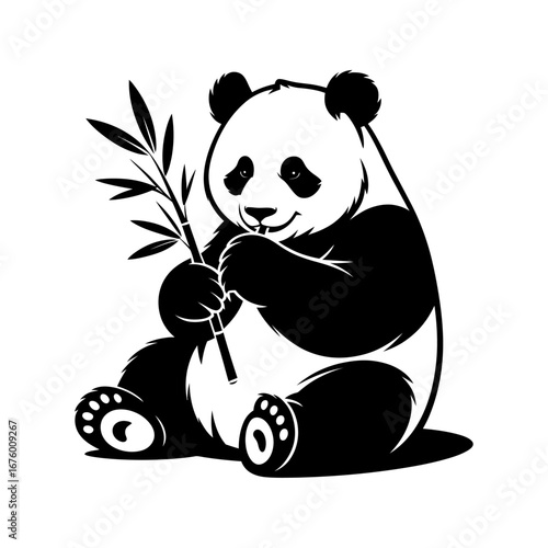 panda sitting and eating bamboo silhouette vector illustration for wildlife and nature designs
