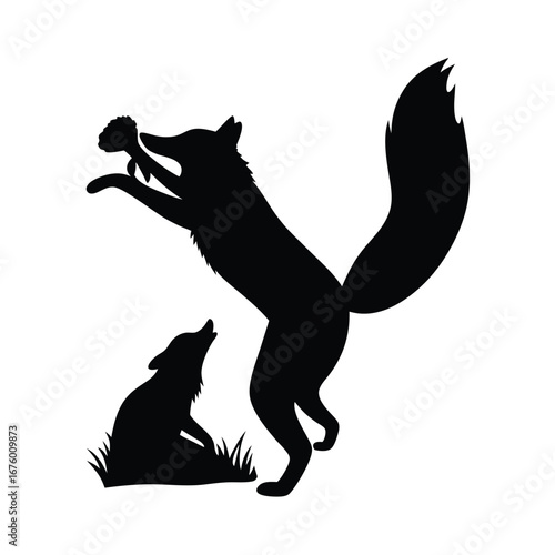 Playful fox silhouette with bushy tail capturing prey wildlife scene