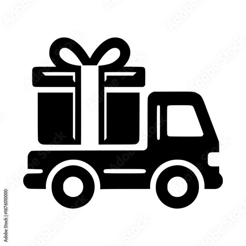 Delivery truck with gift black vector icon with transparent background 
