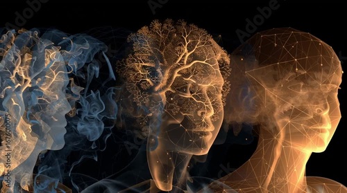 Wallpaper Mural Conceptual image of glowing human head silhouettes, each filled with a unique light pattern—chaotic swirls, geometric grids, and branching neurons—celebrating the diversity of human minds.
 Torontodigital.ca