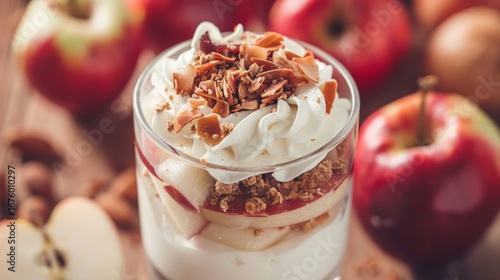 This dessert combines the natural sweetness and tartness of the apples with the rich, creamy, and crunchy textures of the toppings.