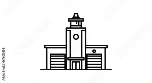 Stylized Line Art Icon of a Fire Station Building.