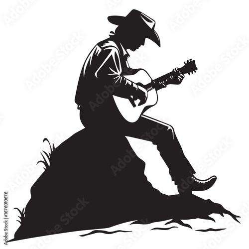 Cowboy playing guitar isolated on white background in black and white silhouette