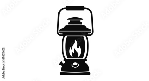 Black and white vector illustration of a vintage kerosene lantern with flame.