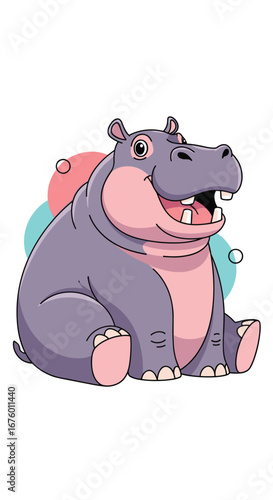 Adorable big purple hippopotamus sitting happily with bubbles around its head and cute smile