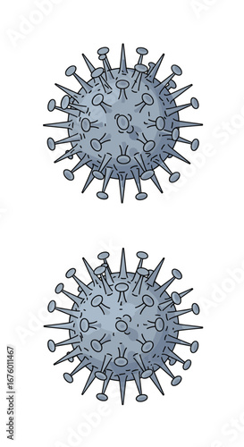 Microscopic illustration of two spherical viral particles with distinctive surface spike proteins depicted in gray and blue tones representing a health crisis threat