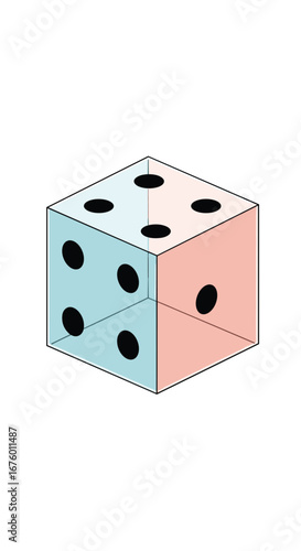 A standard six-sided die showing the numbers three and five with a playful blue and pink color scheme for entertainment and gambling