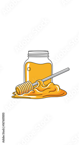 Sweet golden nectar delicious natural honey dripping from dipper onto table surface