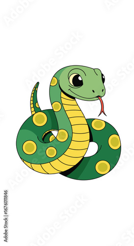 Adorable green cartoon snake with yellow spots and big eyes coiled up