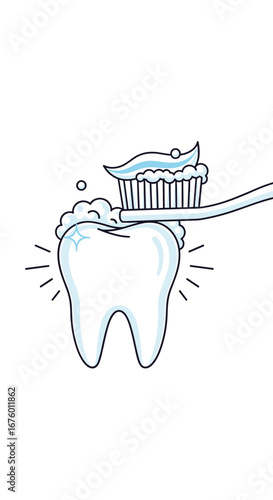 A bright healthy tooth being brushed with minty fresh toothpaste and foamy bubbles creating sparkling clean enamel