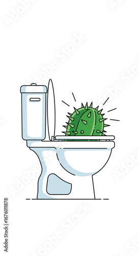 A prickly cactus sits humorously in an open toilet bowl with its spines radiating outward