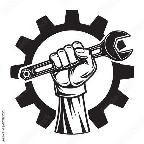 Illustration of a hand holding a wrench in front of a gear isolated on white background