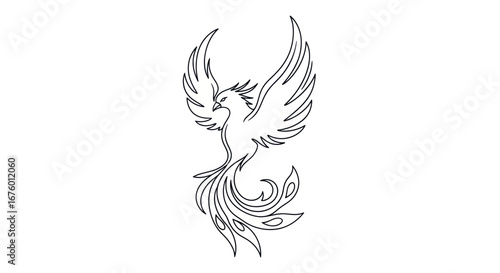 Stylized phoenix bird line art illustration with spread wings and tail feathers.