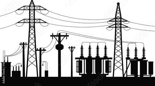 "Power Transmission Lines, High Voltage Electrical Substation, Transformers, Industrial Power Plant, Electric Grid Infrastructure, Power Supply, Electricity Distribution