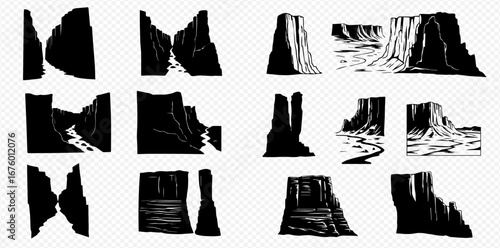 Twelve black and white illustrations of cliffs, canyons, and waterfalls, showcasing various perspectives and formations.