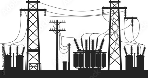 "High Voltage Electrical Power Station, Transmission Lines, Transformers, Industrial Electricity Distribution Infrastructure, Power Grid, Electrical Engineering, Power Plant Silhouette, Energy,