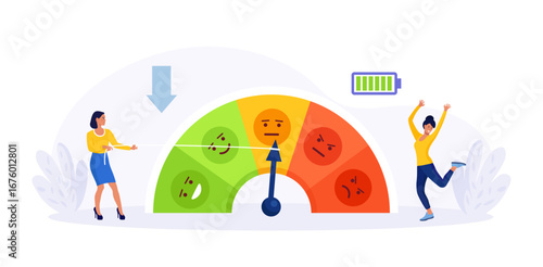 Employee pulls mood gauge meter toward the green as energy rises. Overcoming stress and anxiety. Stop emotional problems. Customer rating satisfaction,  feedback positive review. Positive thinking
