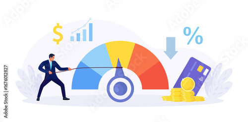Credit score. Businessman pulls the arrow of speedometer scale changing credit history from poor to good. Payment history data meter. Bank analysts evaluating ability of prospective debtor to pay debt