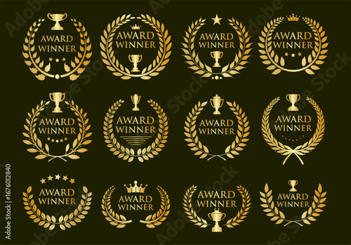 Gold award badges with laurel wreaths, five stars, crowns and trophies symbols. Golden award winner emblems 