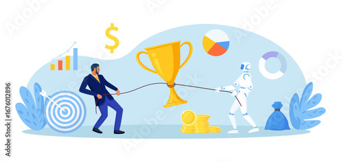 Business leader and humanoid robot pull a rope with golden cup. AI partnership and competitive drive that leads to higher revenue, award winning. Chatbot and man fight for trophy. Business competition