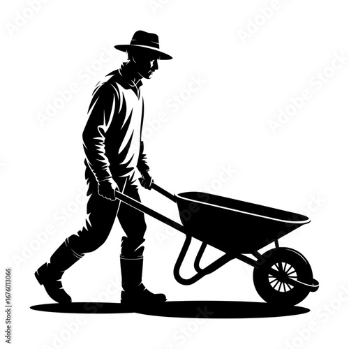 farmer pushing wheelbarrow with hat and boots for agriculture and farming