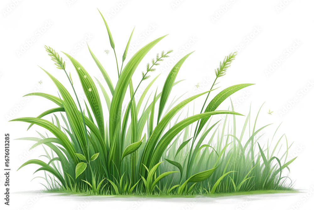 Obraz premium Detailed illustration of a lush green grass patch with vibrant blades, isolated on a white background. Perfect fresh spring meadow or nature design element
