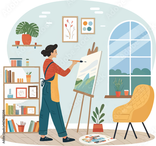 Artist Painting on Canvas in Cozy Home Studio with Bright Natural Light