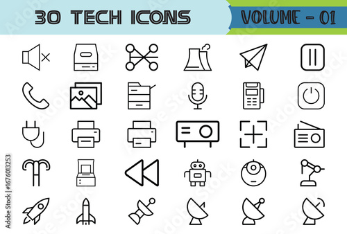 Thirty technology icons in a grid format collection