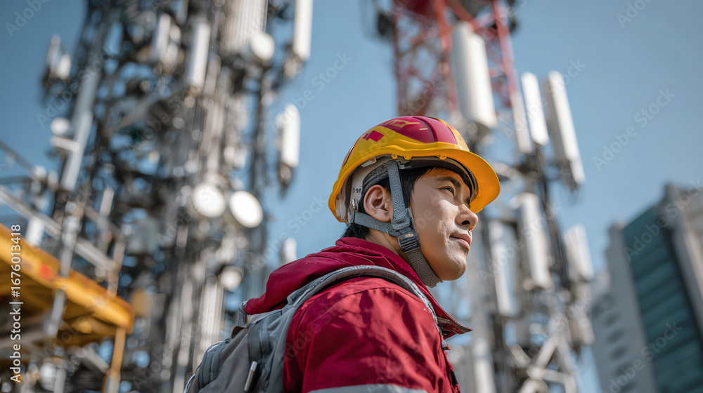 Obraz premium A telecommunications worker inspects equipment at a network tower, showcasing the modern technology of communication infrastructure.